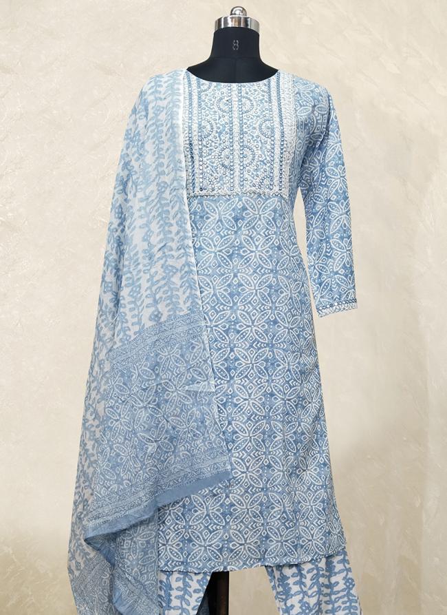 Sky Blue Cotton Casual Wear Embroidery Work Plus Size Readymade Salwar Suit